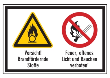 Vorsicht! Brandfördernde Stoffe/Feuer, offenes Licht und Rauchen verboten