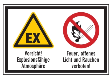 Vorsicht! Explosionsfähige Atmosphäre/Feuer, offenes Licht und Rauchenverboten